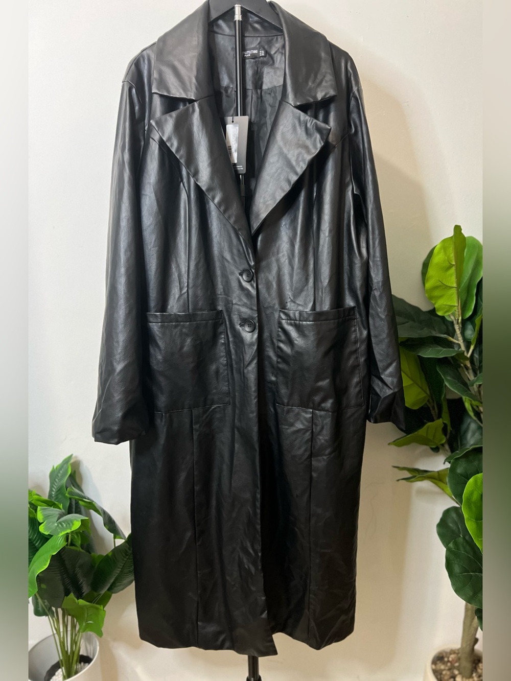 PrettyLittleThing Plus NWT Black Faux Leather Maxi Longline Coat US XL / UK 20